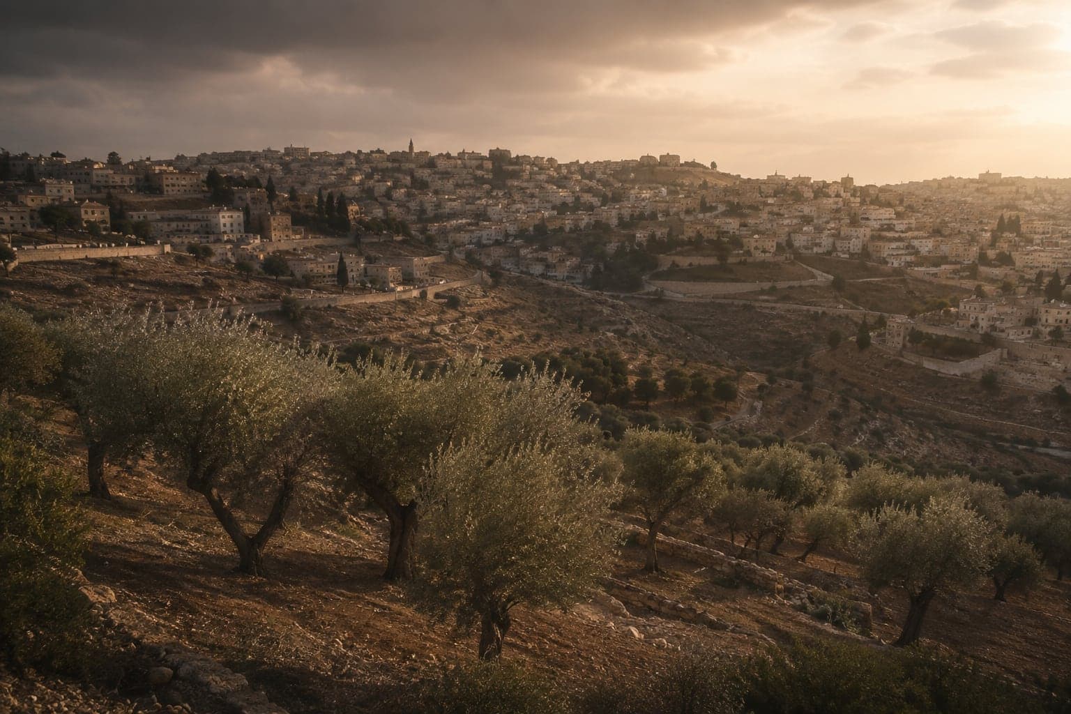 Olive groves on a hillside overlooking a Palestinian town at sunset